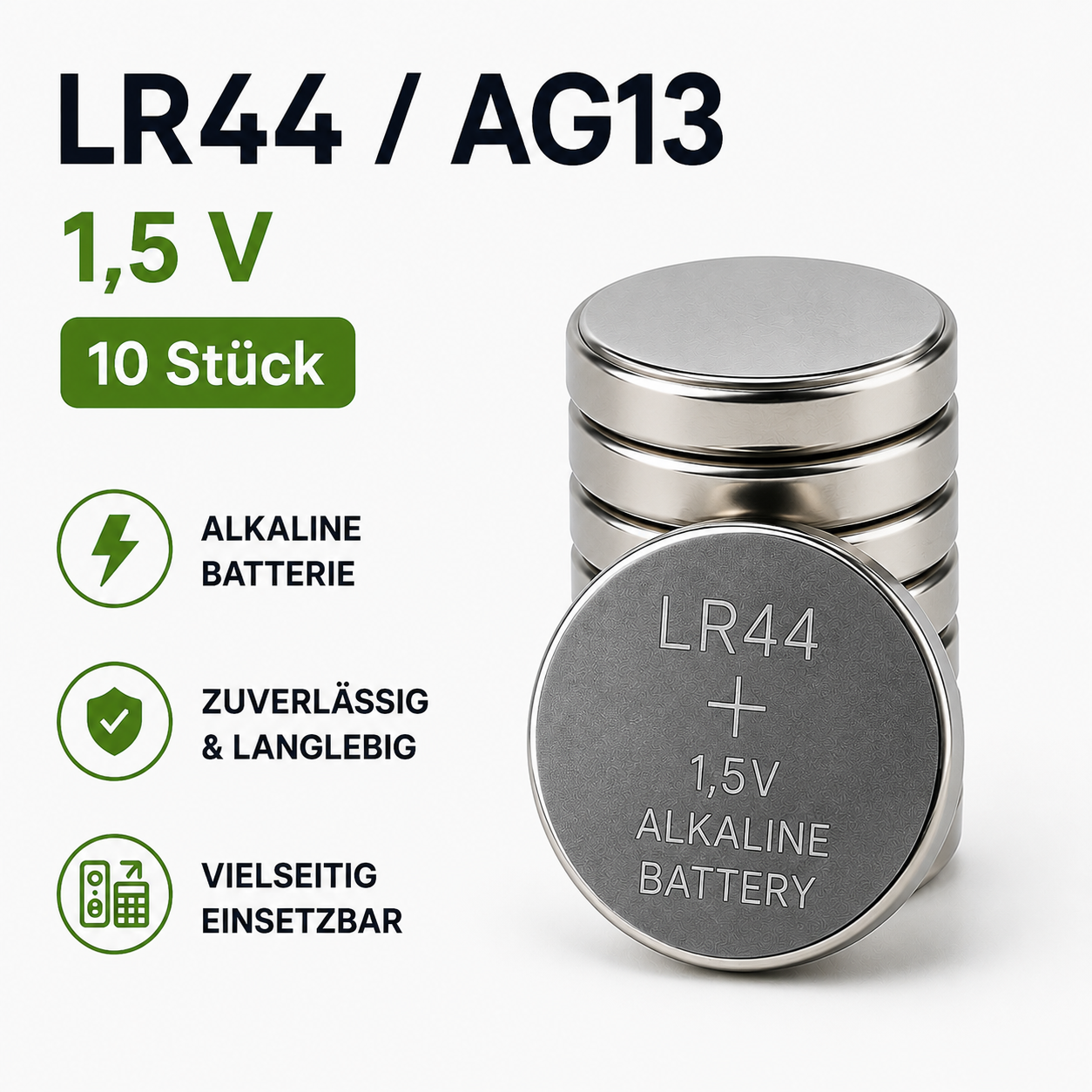 LR44 / AG13 Alkaline-Knopfzellen 1,5 V – 10 Stück